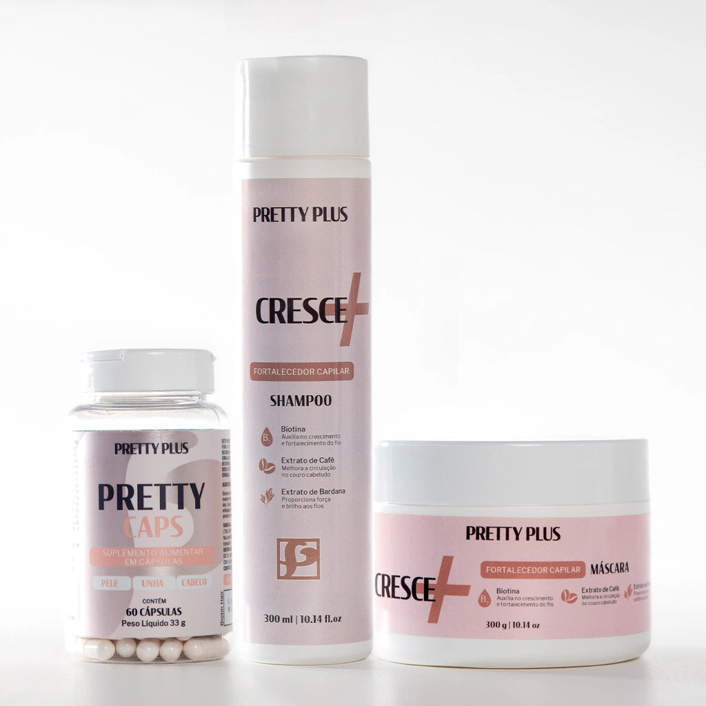Kit Recuperação Intensiva Pretty Plus – Shampoo, Máscara e Vitamina para Cabelos Danificados e Quebradiços