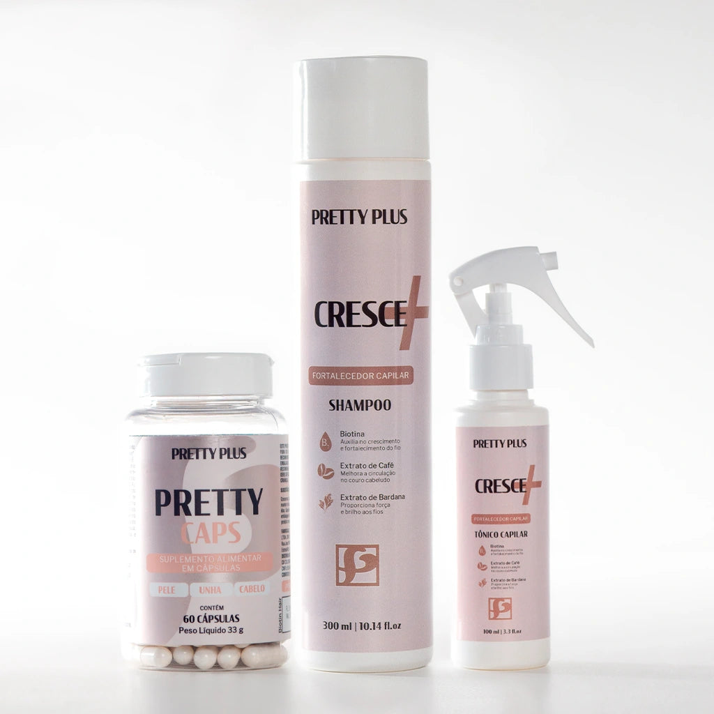 Kit Força e Crescimento Total Pretty Plus – Shampoo, Tônico e Vitamina para Cabelos Fortes e Nutridos